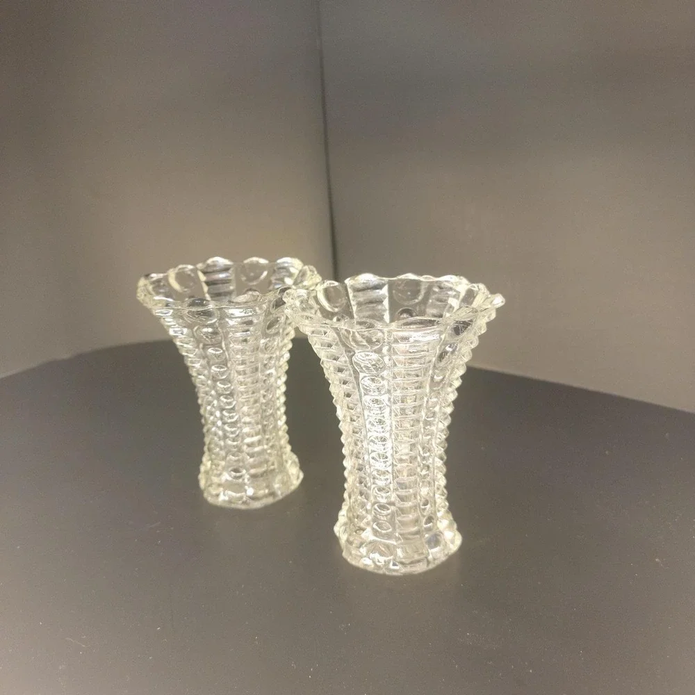 Indiana Glass Mayflower Clear Glass Bud Vases Pair Dots Rays 5